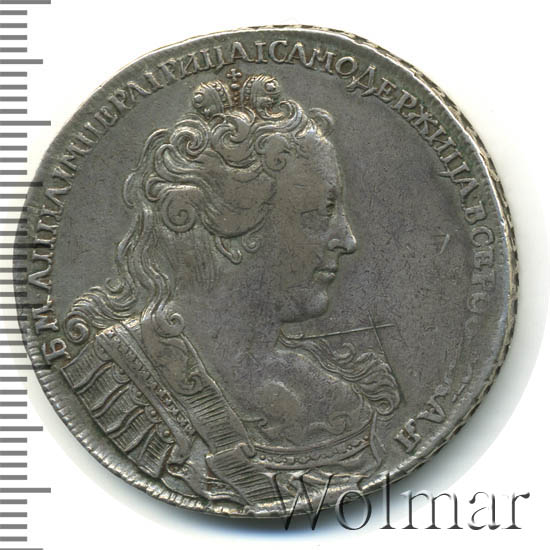 1 рубль 1730 г. Анна Иоанновна Корсаж параллелен окружности. 5 наплечников c фестонами, ухо закрыто волосами