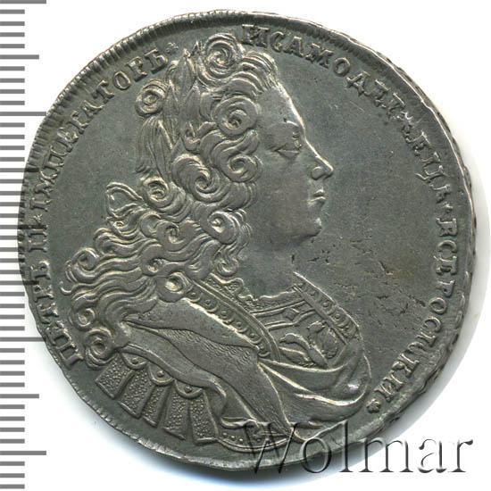 1 рубль 1727 г. Петр II Портрет разделяет надпись. Красный тип. Звездочка в центре монограммы