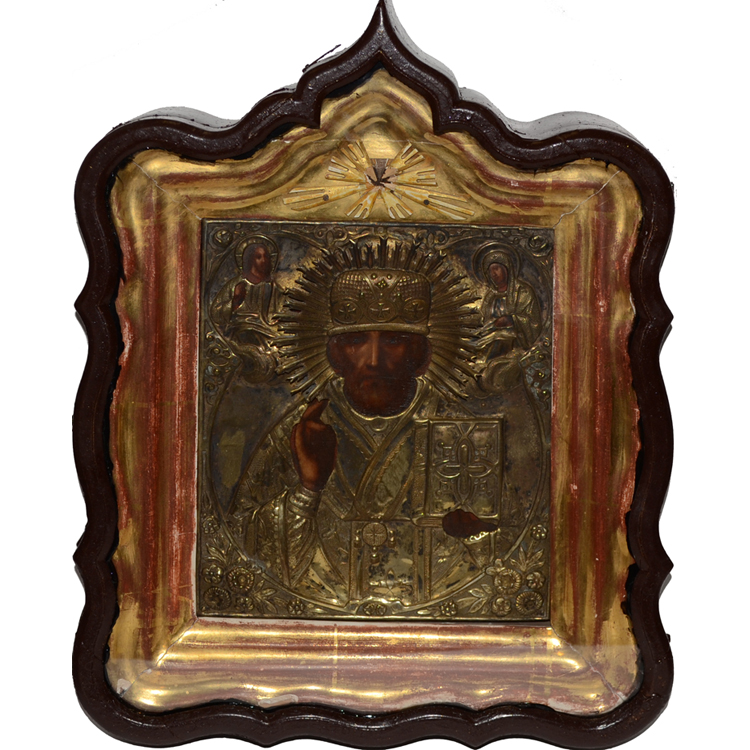 Икона в киоте и латунном окладе "Святой Николай".